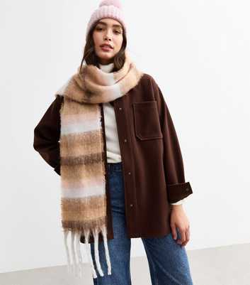 Brown Stripe Brushed Knit Skinny Scarf