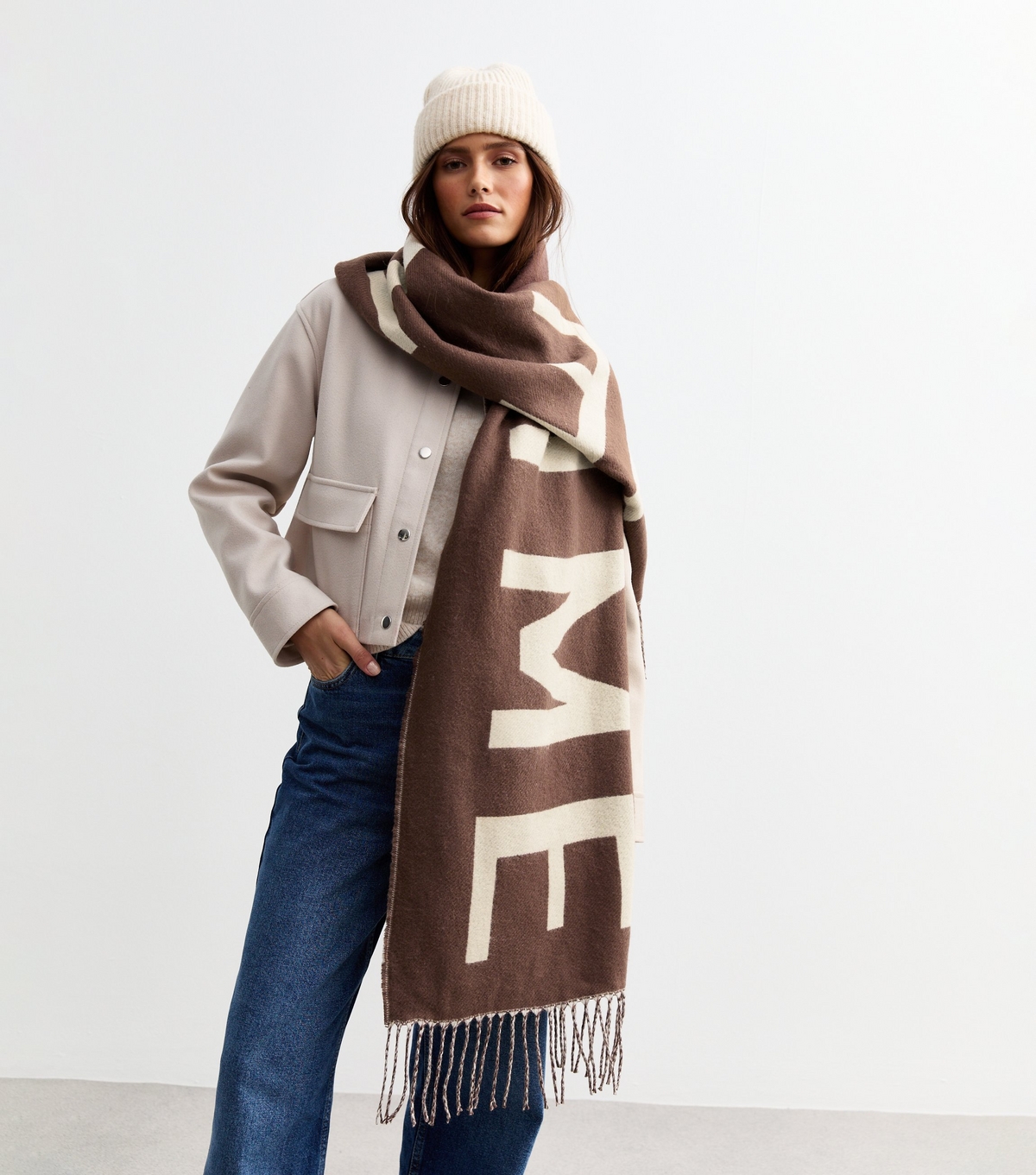 Brown Je T'aime Print Scarf New Look