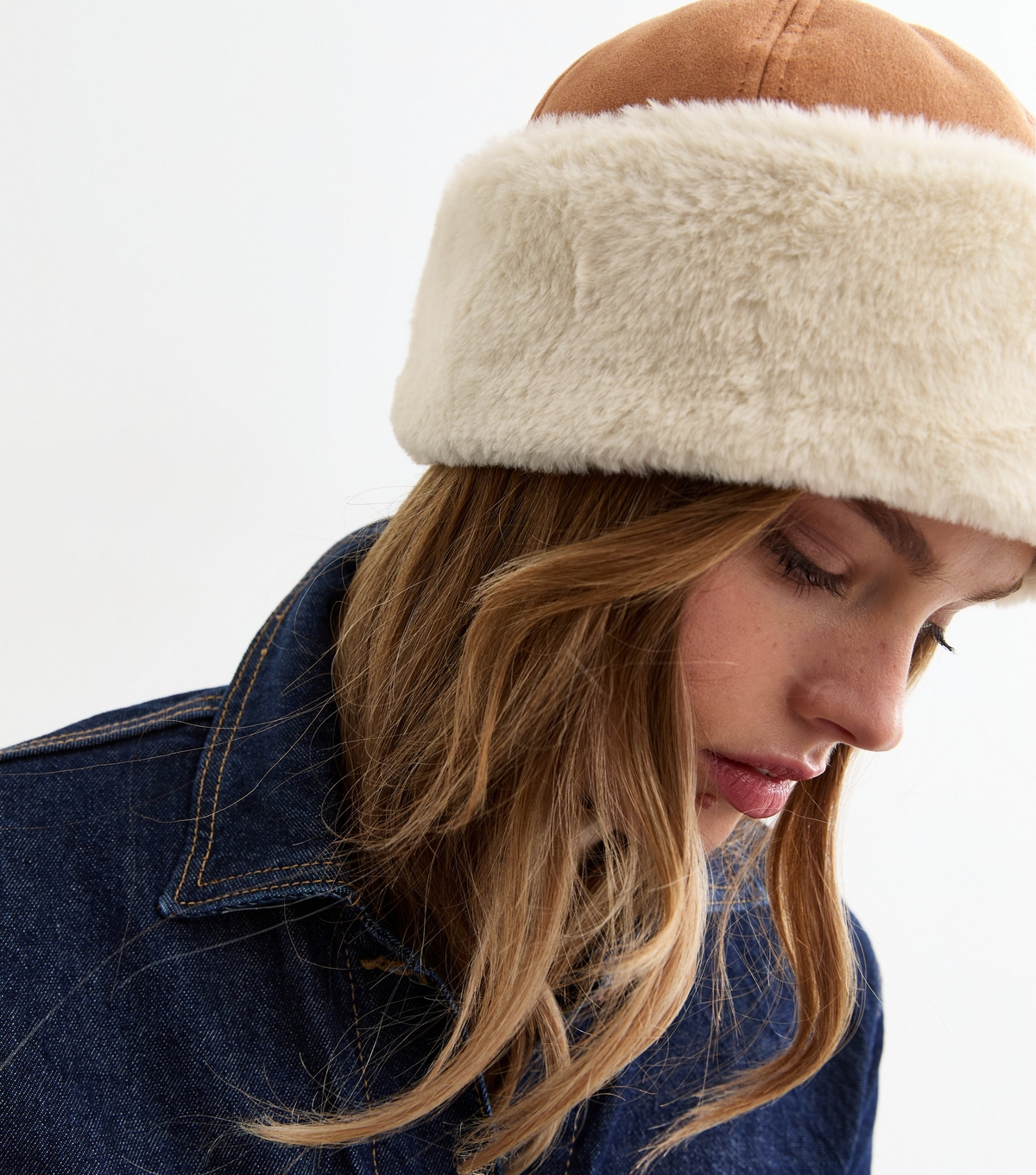 Tan Faux Fur Trimmed Faux Suede Hat New Look