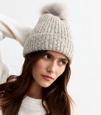 Grey Sparkle Faux Fur Pom Pom Bobble Hat New Look