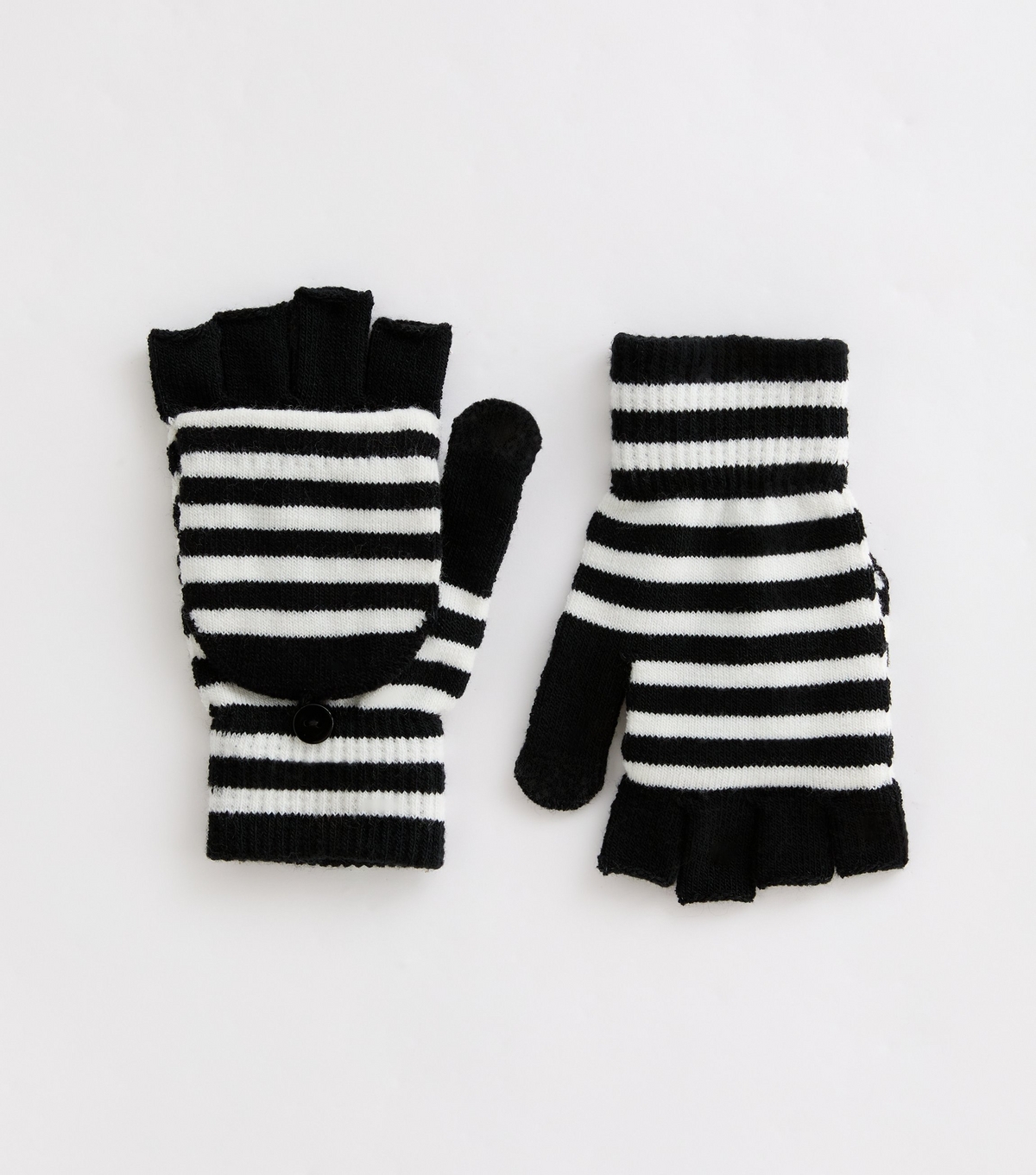 Black Striped Knit Flip Top Gloves New Look