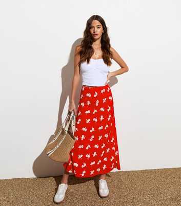 Red Ditsy Floral Print Midi Skirt 