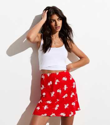 Red Ditsy Floral Printed A-Line Mini Skirt 