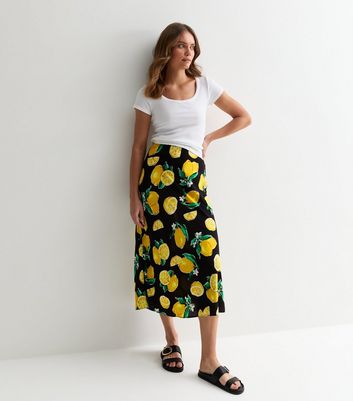 Black Lemon Print Bias Cut Midi Skirt New Look