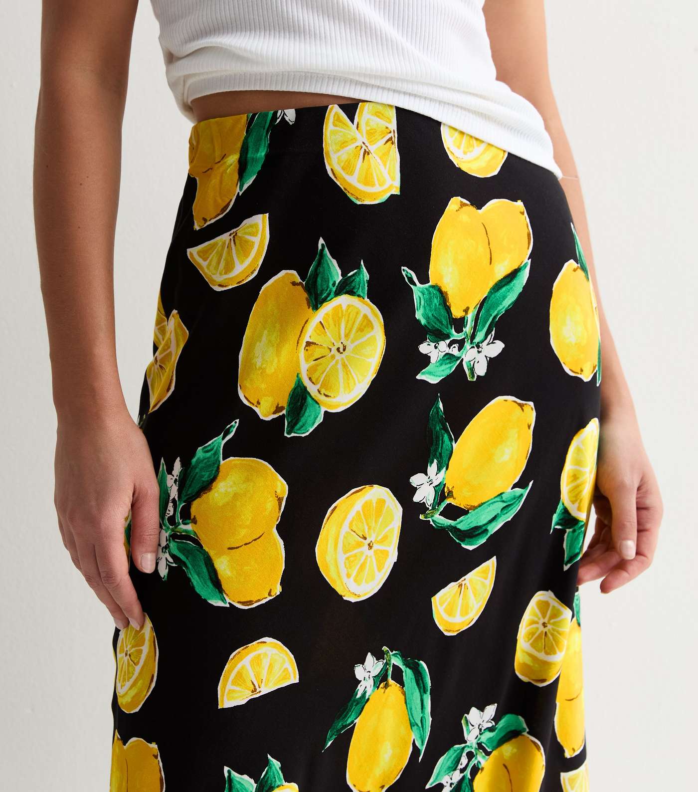 Black Lemon Print Bias Cut Midi Skirt Image 2