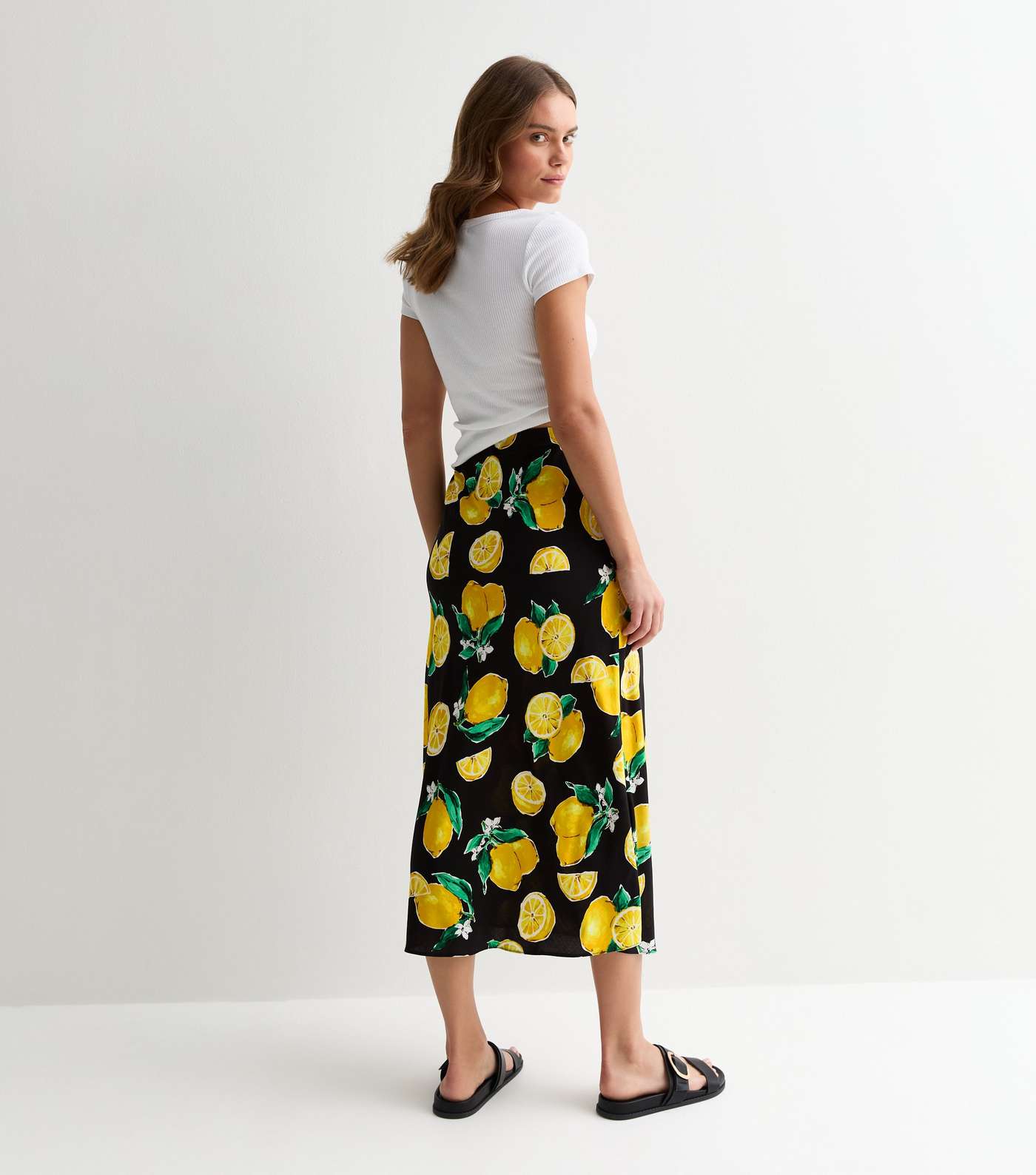 Black Lemon Print Bias Cut Midi Skirt Image 4