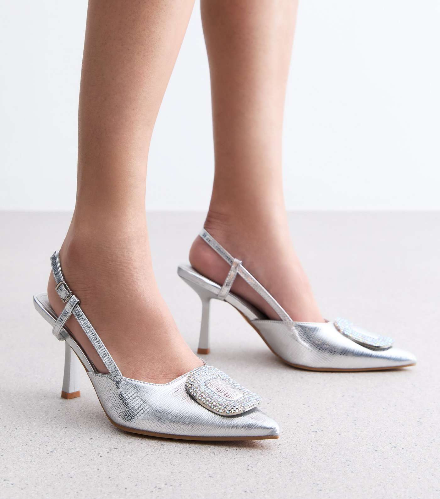 Truffle Silver Slingback Stiletto Heel Court Shoes Image 2