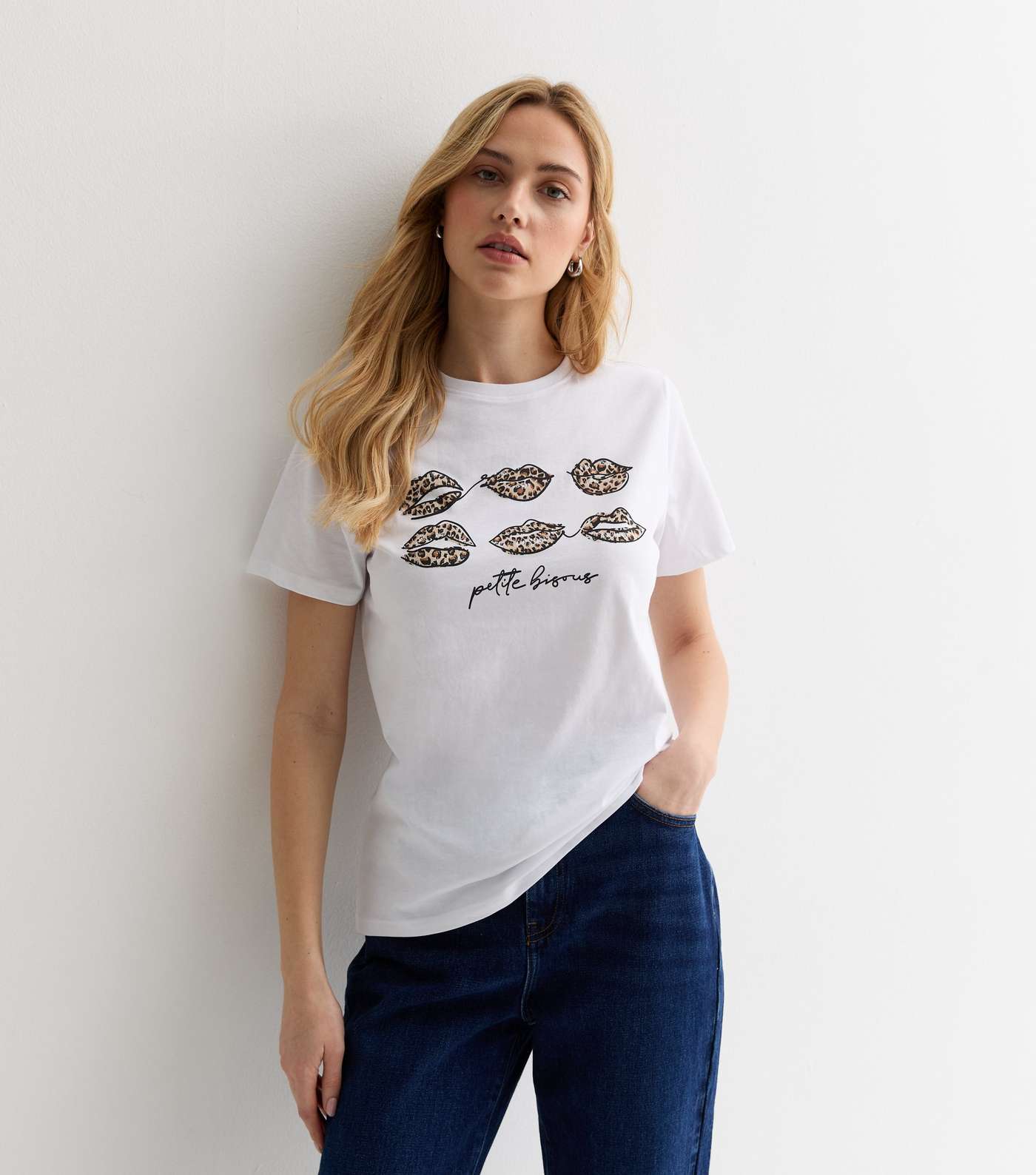 White Cotton Petite Bisous Leopard Lips Logo T-Shirt Image 2