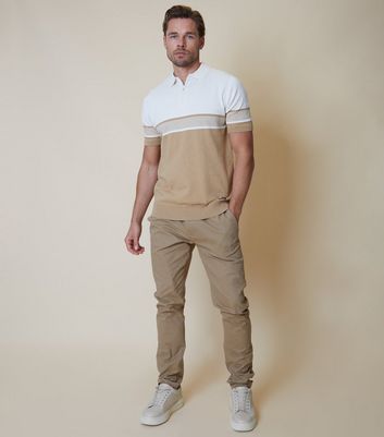 Men's Threadbare Stone Colourblock Knit Zip Polo Shirt New Look
