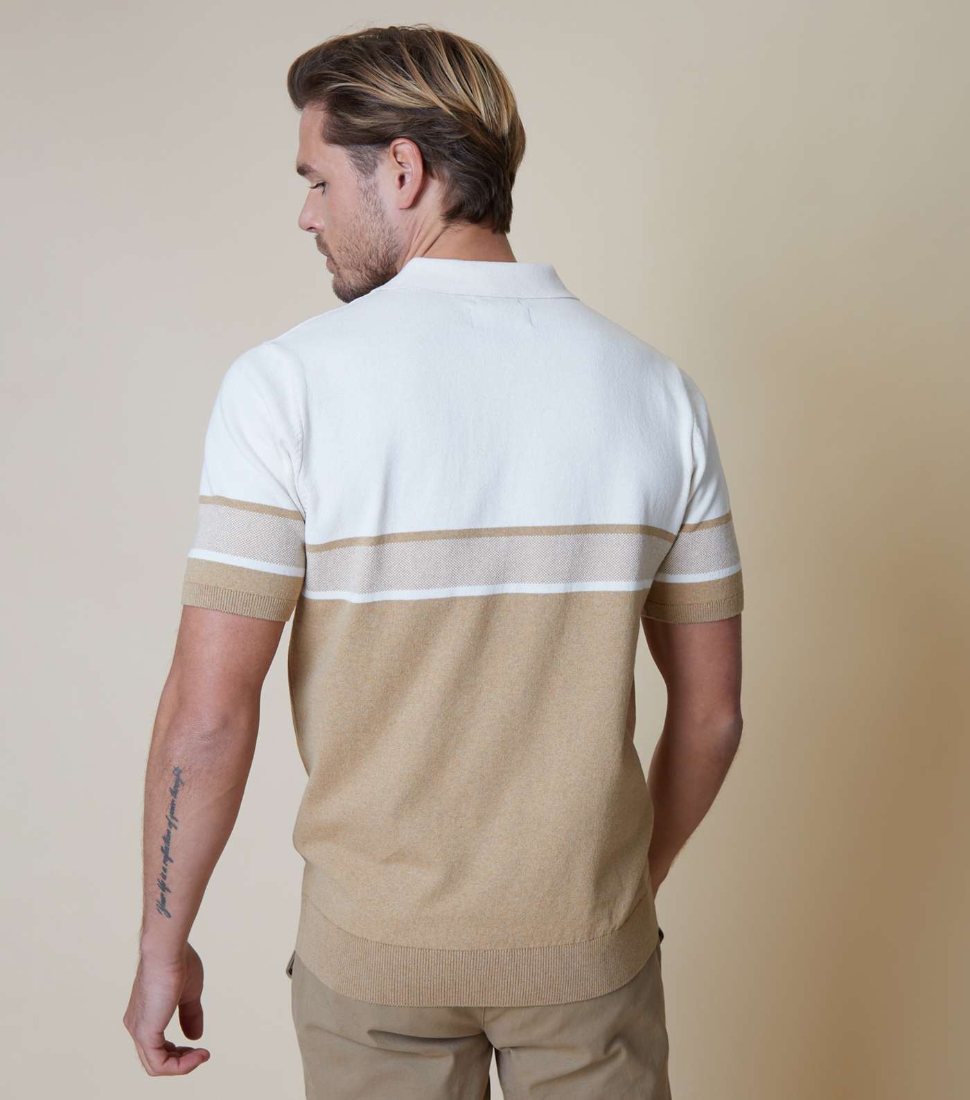 Threadbare Stone Colourblock Knit Zip Polo Shirt Image 3