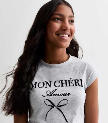 Girls Grey Stretch Mon Chéri Slogan T-Shirt