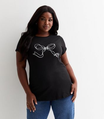 Curves Black Jolie Bow Print Cotton T-Shirt New Look