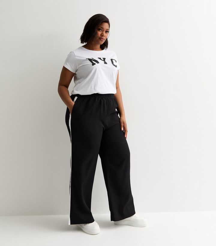 Curves Black Side Stripe Wide Leg Trousers