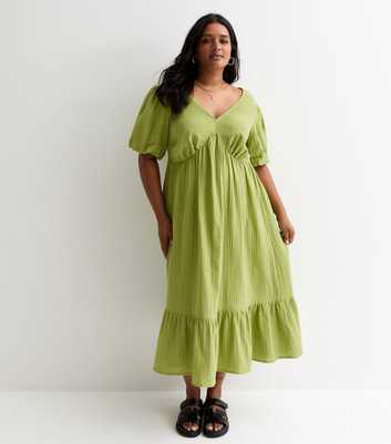 Curves Green Crinkle Cotton Midi Smock Dress