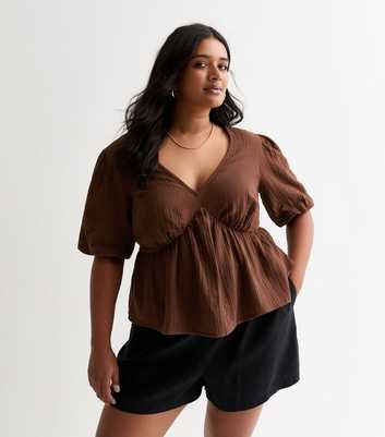 Curves Brown Crinkle Cotton Peplum Blouse