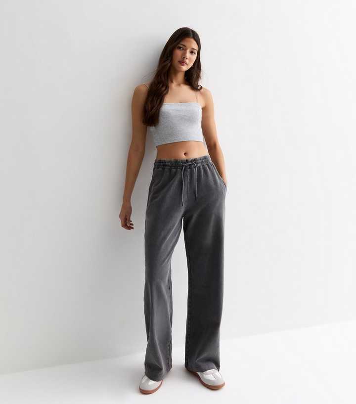 Dark Grey Acid Wash Wide Leg Joggers