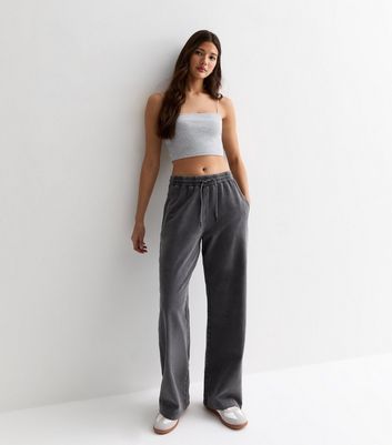 Dark Grey Acid Wash Wide Leg Joggers New Look