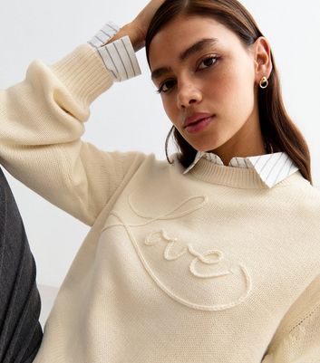 Cream Love Embroidered Jumper New Look