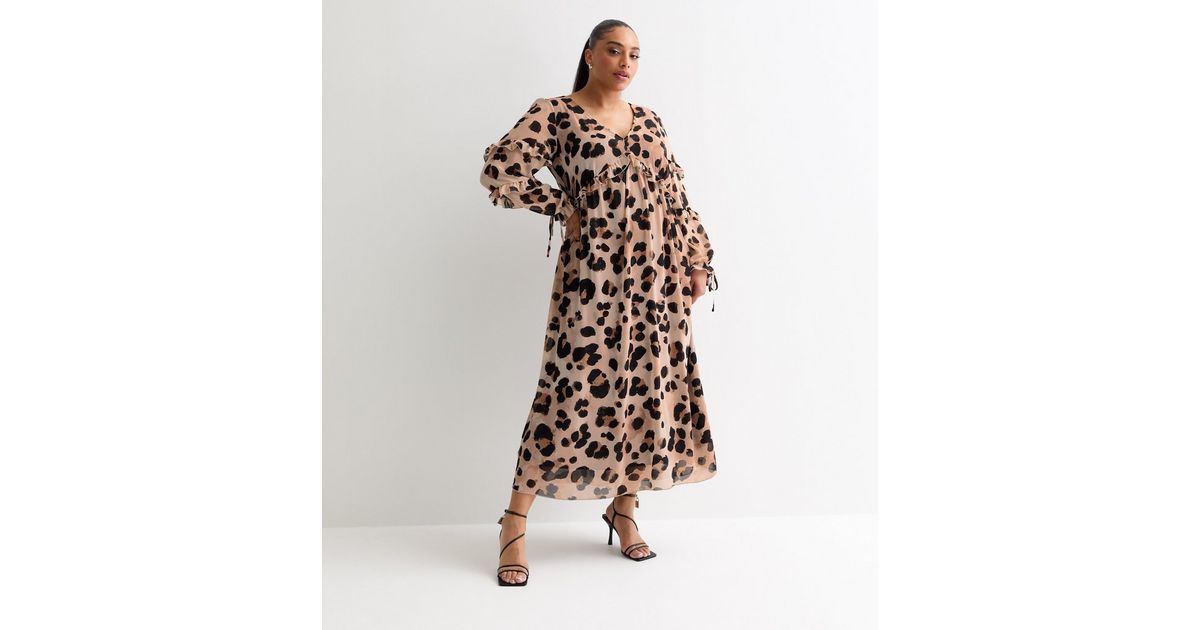 Curves Brown Leopard Print Frill Smock Midi Dress | New Look