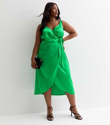 Curves Green Satin Strappy Midi Wrap Dress 