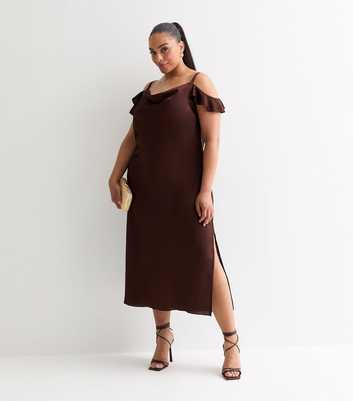 Curves Brown Satin Cowl-Neck Midi Dress