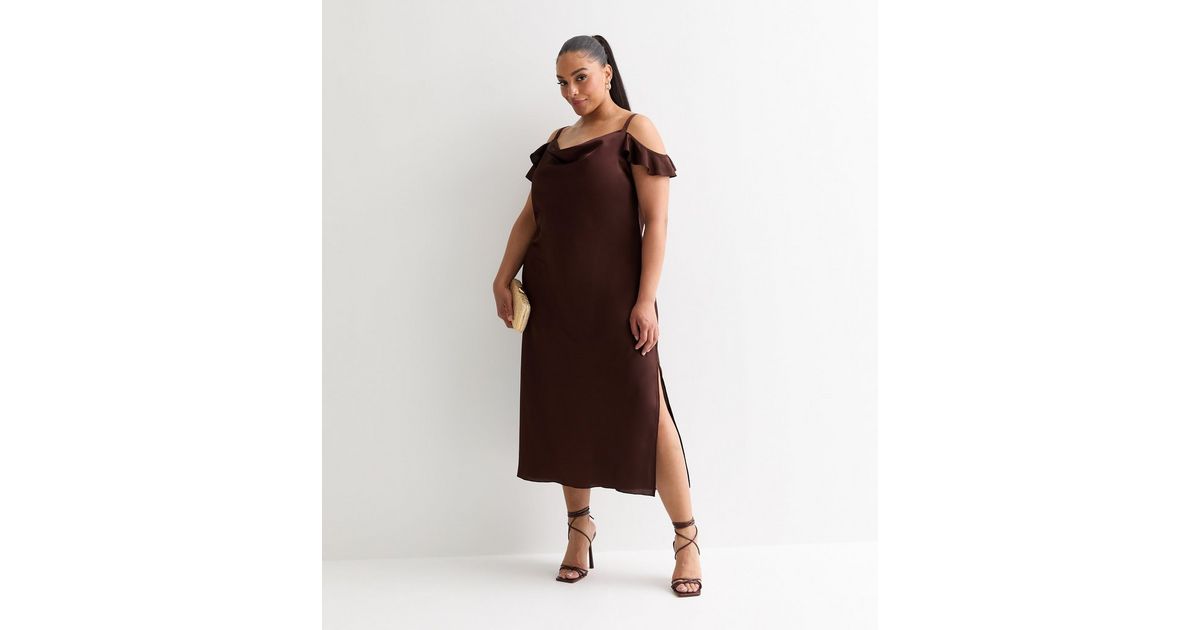 Rustin Aura – Brown Linen-Cotton Halter Neck A-Line Midi Dress