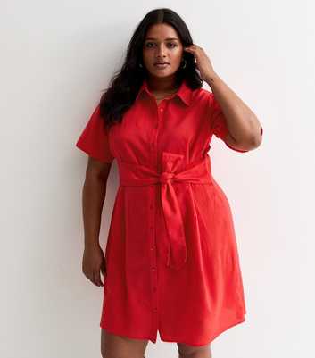 Curved Red Cotton Linen Shirt Dress