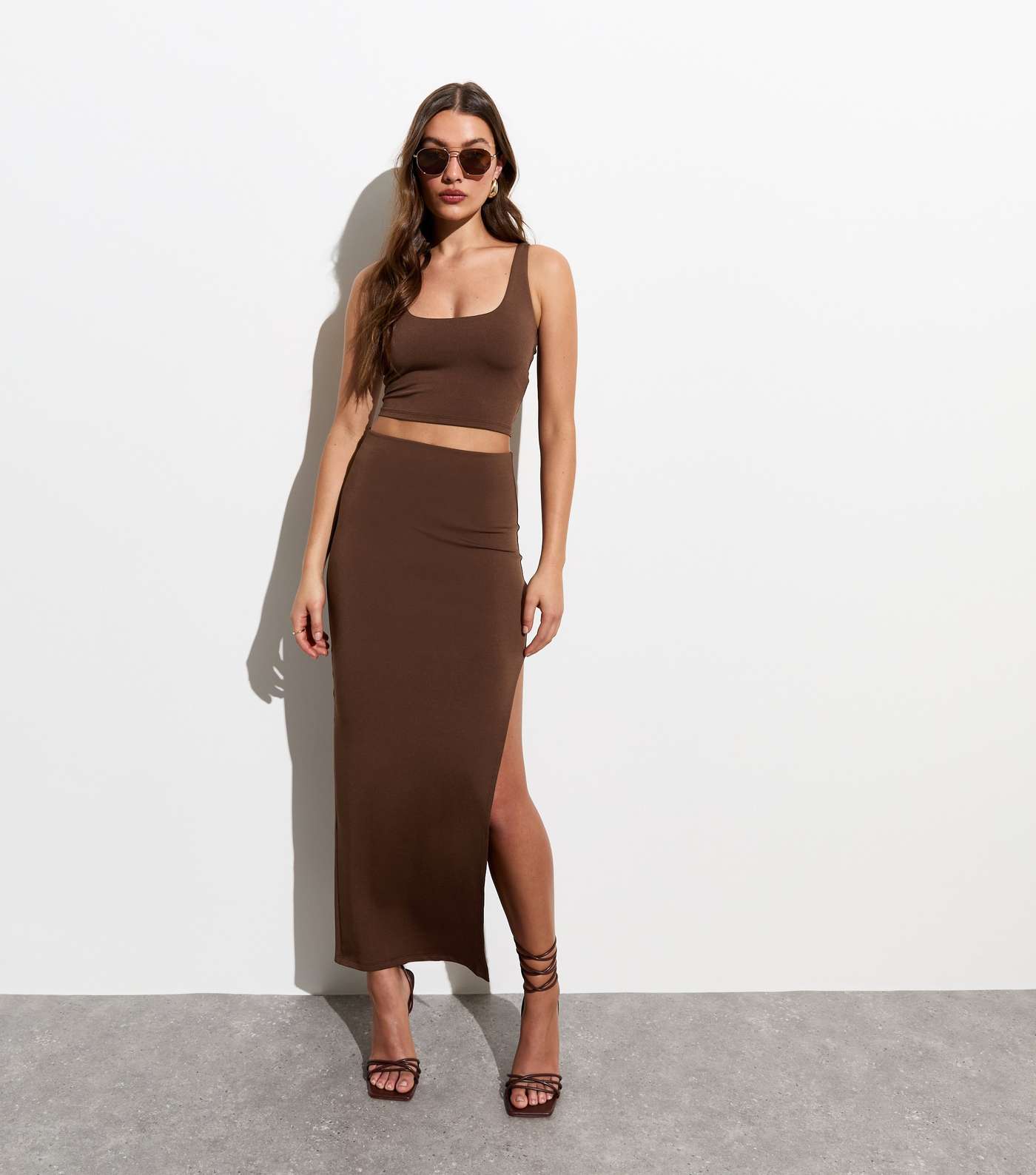 Dark Brown Asymmetric Split Hem Maxi Skirt Image 3