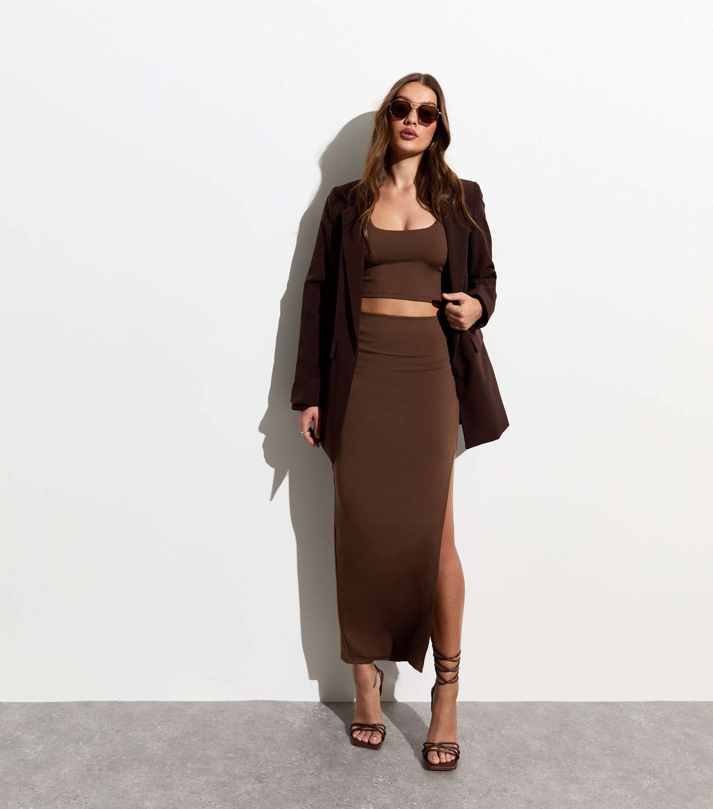 Dark Brown Asymmetric Split Hem Maxi Skirt Image 5