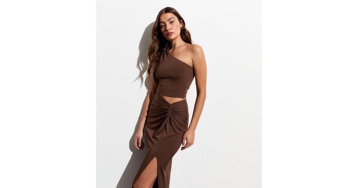 Brown Knitted Crop Top With Half Cape Silhouette
