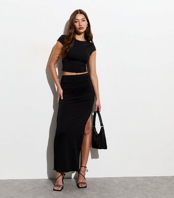 Black Ruched Side Maxi Skirt New Look