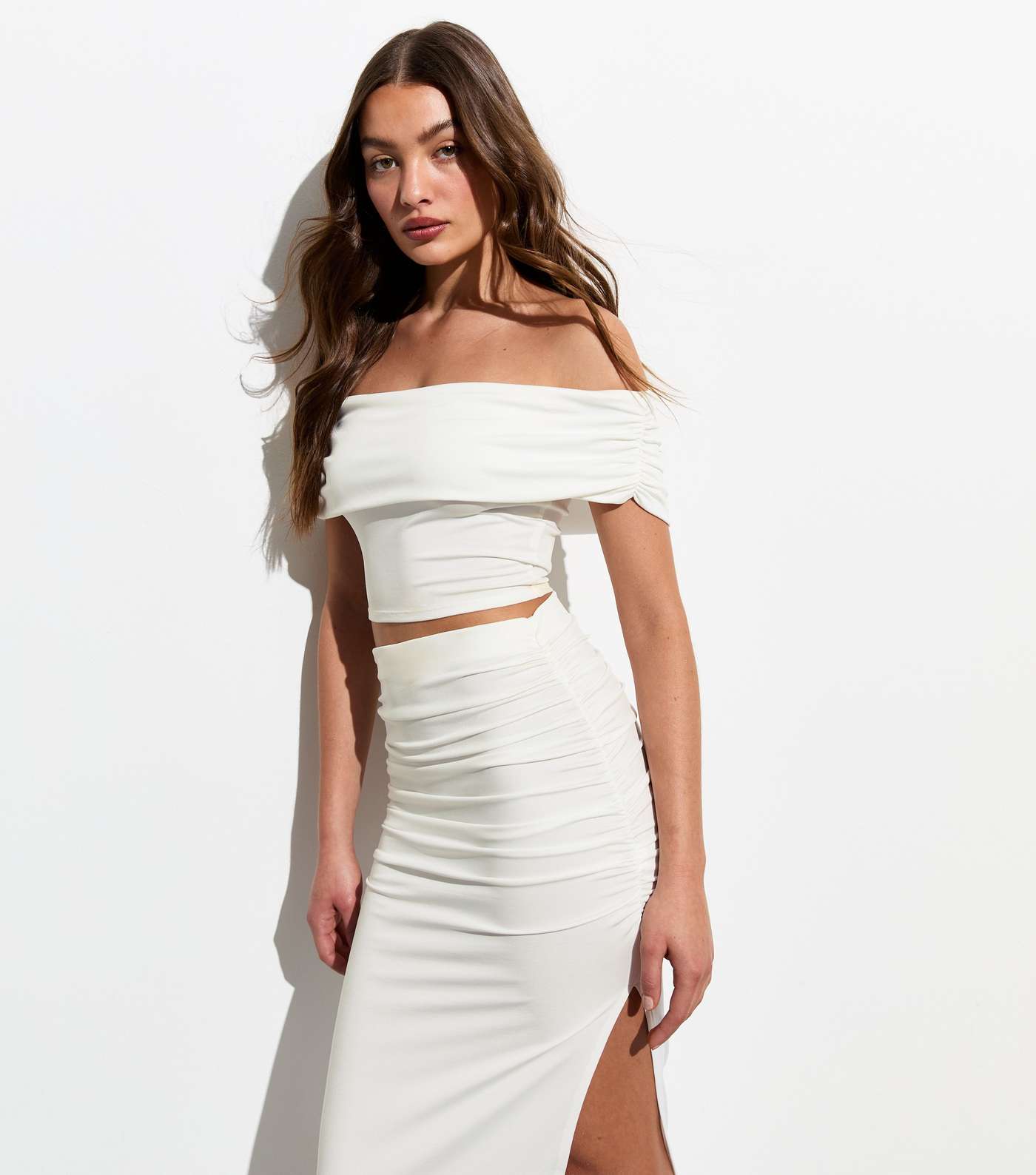 Cream Ruched Side Maxi Skirt Image 3
