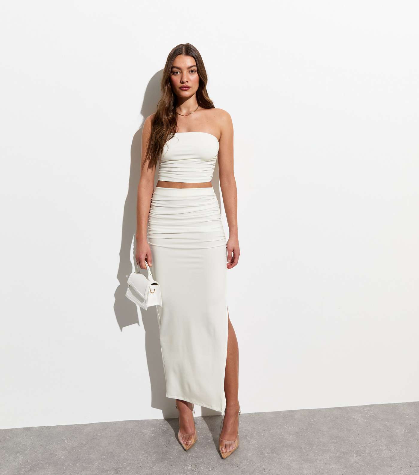 Cream Ruched Side Maxi Skirt Image 5