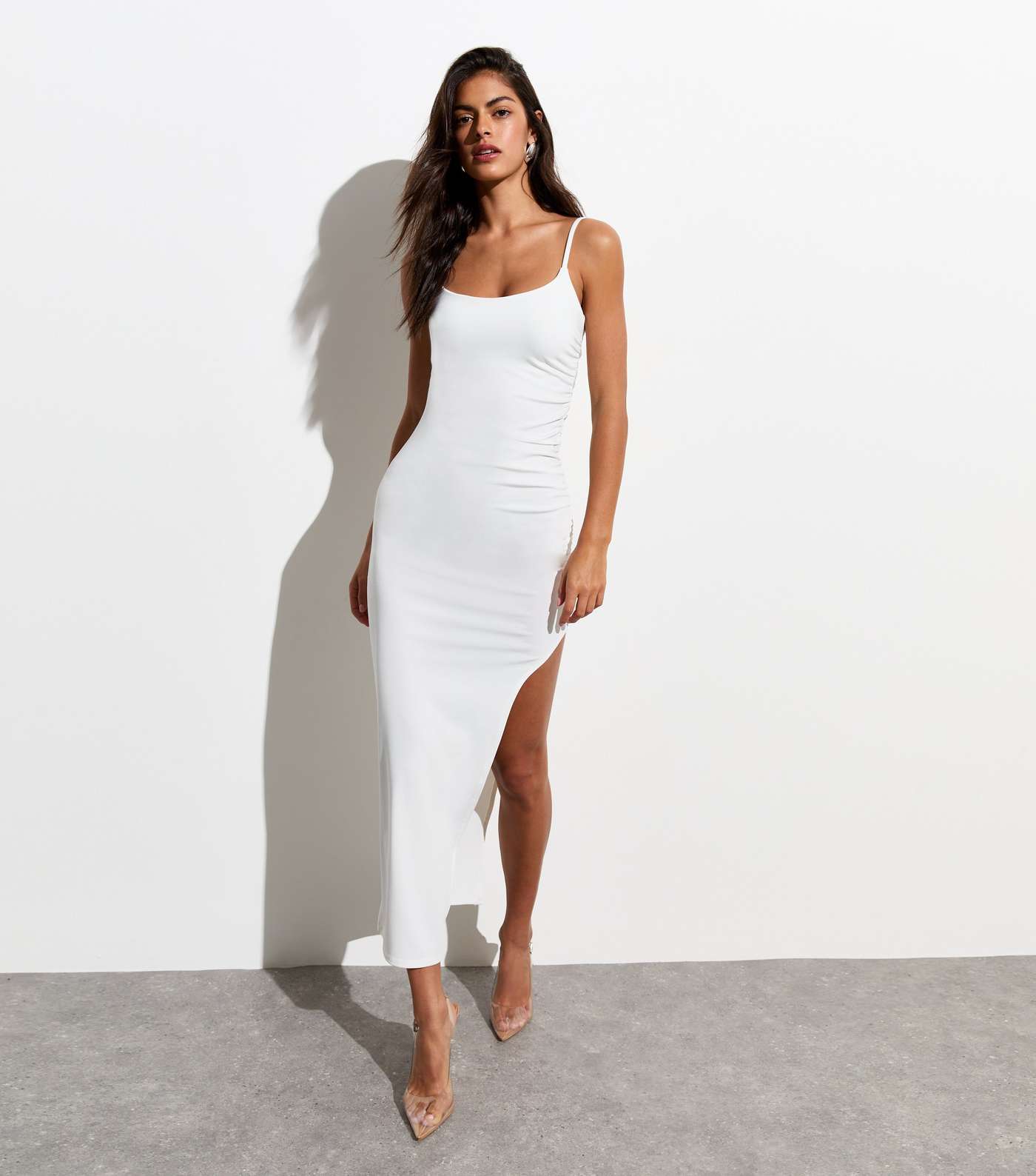 White Ruched Side Strappy Midi Dress