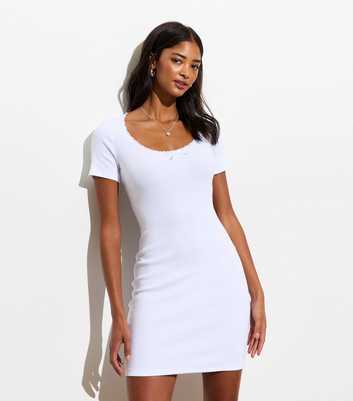 White Ribbed Short Sleeve Lace Trim Mini Dress