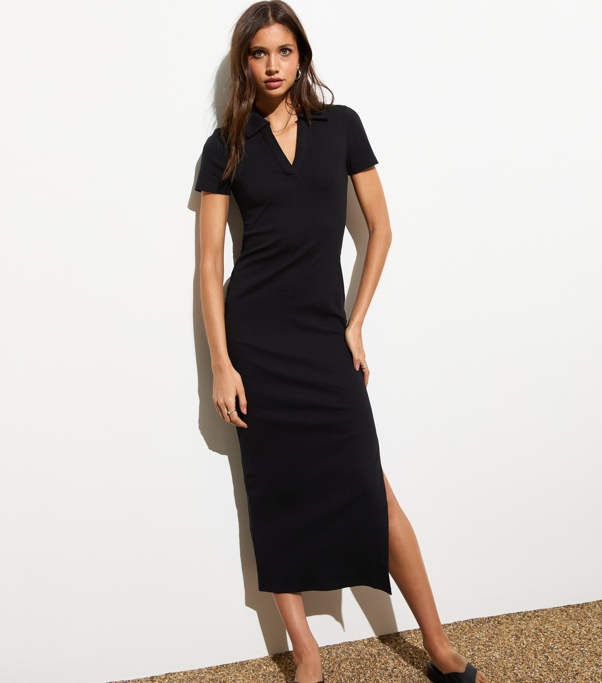 Women's Black Ribbed Stretch Cotton Collared Midi Dress New Look