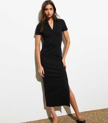 Black Ribbed Stretch Cotton Collared Midi Dress 