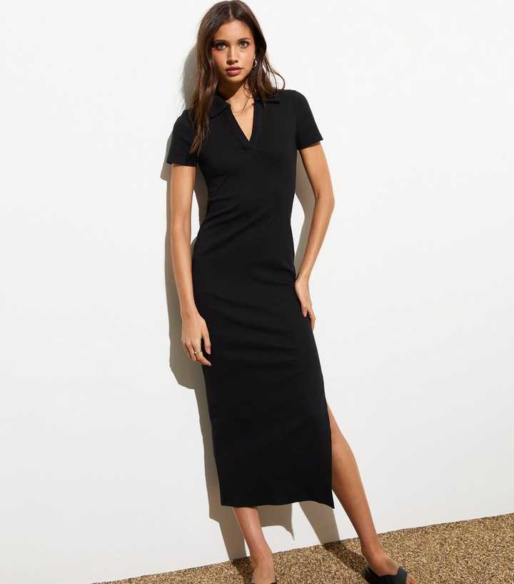 Black Ribbed Stretch Cotton Collared Midi Dress
