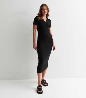 Black Jersey Ribbed Collared Midi Dress