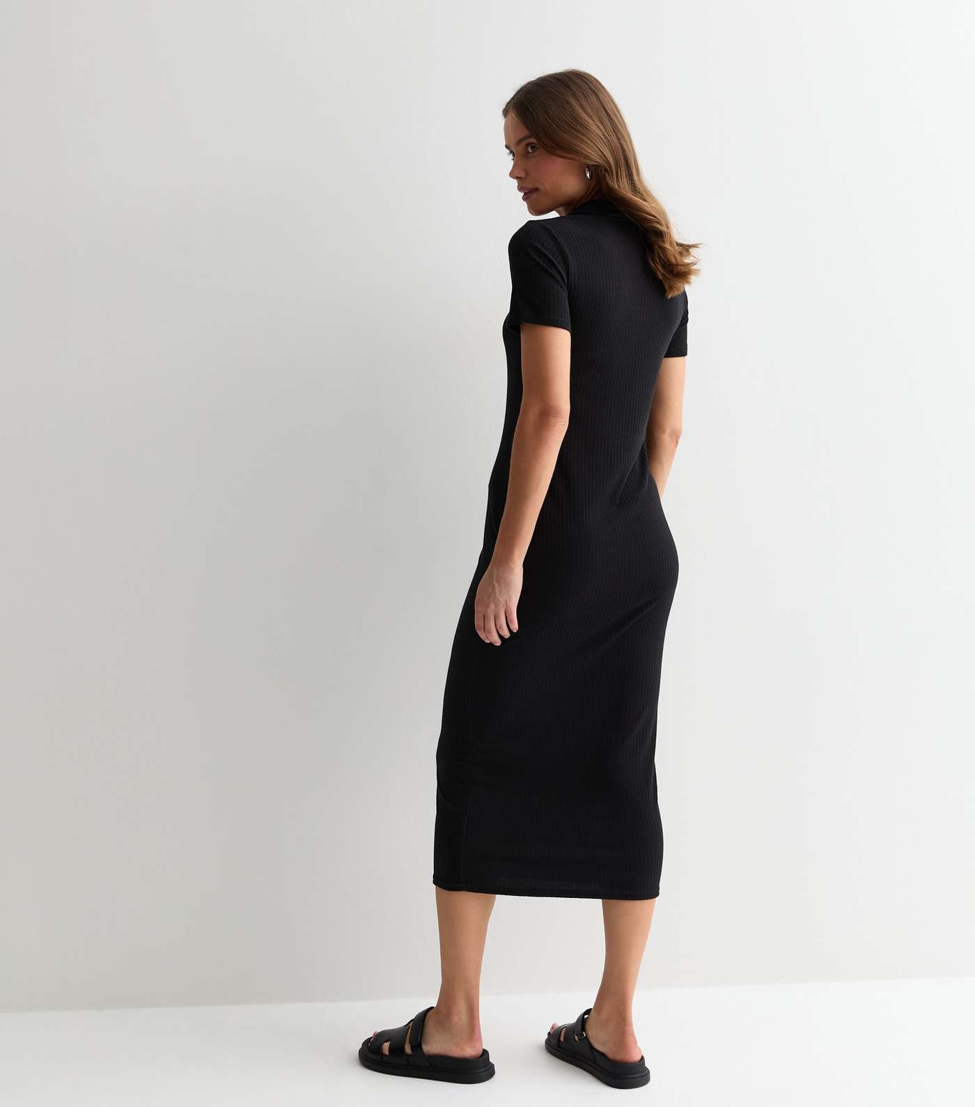 Black Jersey Ribbed Collared Midi Dress Image 4