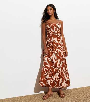Brown Tropical-Print Tie-Back Midaxi Dress