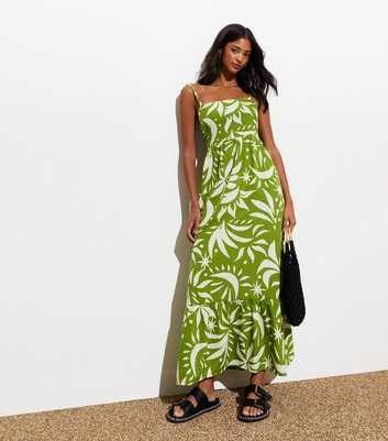 Green Tropical-Print Tie-Back Midaxi Dress