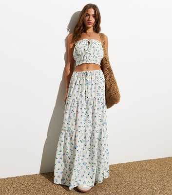 White Ditsy Floral Tiered Midi Skirt