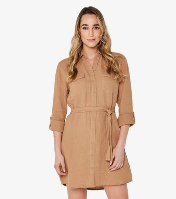 Apricot Light Brown Belted Mini Shirt Dress