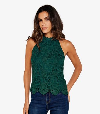 Apricot Dark Green Lace High Neck Sleeveless Top New Look
