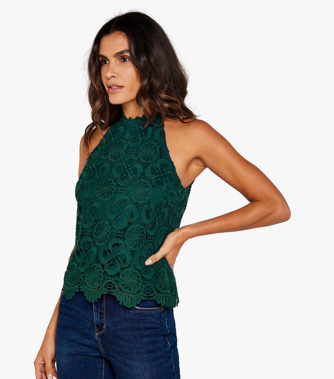 Apricot Dark Green Lace High Neck Sleeveless Top Image 2