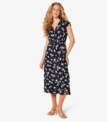 Apricot Navy Floral Print Sleeveless Ruffle Midi Dress New Look