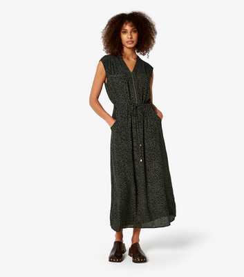 Apricot Dark Green Animal Print Sleeveless Drawstring Midi Dress