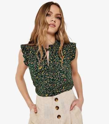 Apricot Green Floral Tie Neck Ruffle Sleeve Top