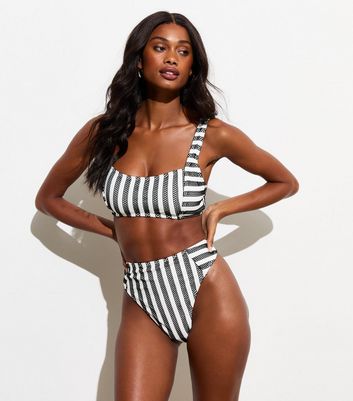 Black and white striped high waisted bikini bottoms on sale